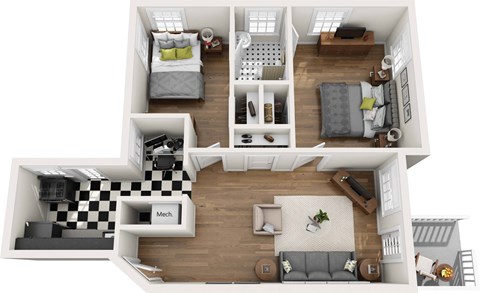 Floor plan for 2 beds, 1 bath, 940 sqft